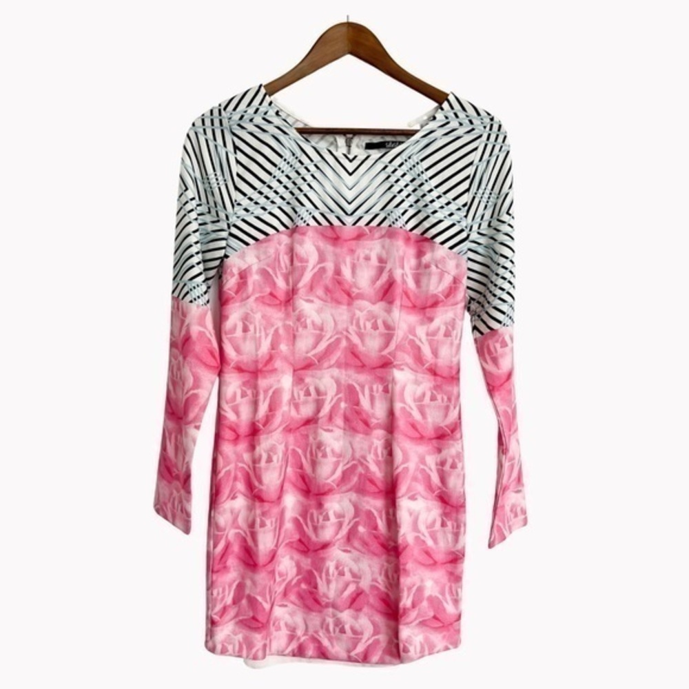 LULU’S Long Sleeve Black Striped Pink Rose Dress Size Medium